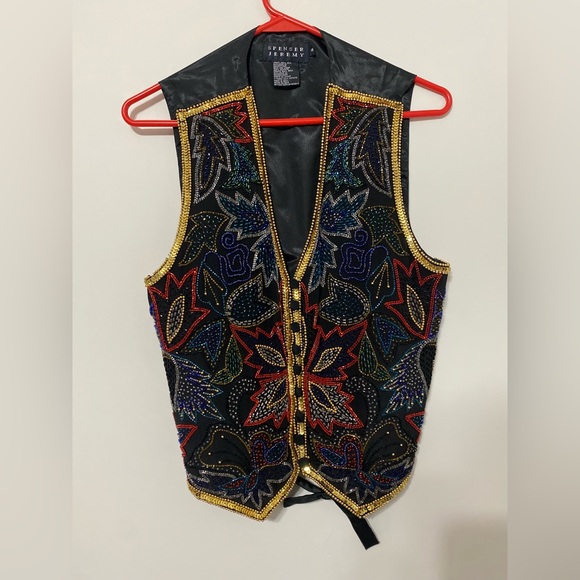 Vintage Spenser Jeremy 90s Leaf Holiday Bead & Embellished Silk Vest Size Small - Picture 3 of 12